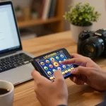 LIGA2000 mobile gaming excitement with a player engaging in slots on smartphone in a cozy home.