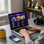 Engaged user experiencing 3win online betting platform with laptop and smartphone in vibrant workspace.