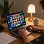 Engaging in situs slot gacor on a laptop with a warm cozy atmosphere and gaming strategies.
