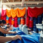 Employees operating high-tech machines in a Clothes Factory China, showcasing vibrant textiles.