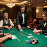Players enjoy dynamic poker gameplay at a one88br casino table under warm chandeliers.