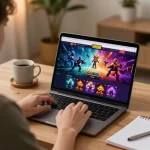 Playing casino games on the VN88 platform with a laptop in a cozy home setting