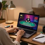 Engaged player using sc88 app for live gambling, showcasing interactive blackjack game on laptop.