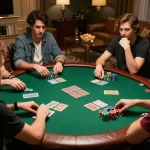 Friends enjoying an engaging poker night at home while using okking strategies to win