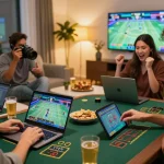 Exciting online gambling scene with friends engaging in five88 live casino games.