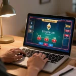 Play with Ethereum while enjoying live dealer blackjack in a cozy home office.