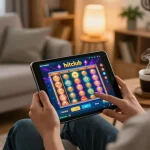 Engage in tải hitclub with exciting online gaming on a tablet, surrounded by a cozy home atmosphere.