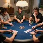 JUARA88 players enjoying a competitive home poker game with colorful chips and cards displayed