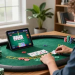 Player enjoying a lively SC88 blackjack game on a tablet in a cozy home setting, emphasizing strategic gameplay.