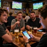 Exciting sports betting action capturing ty le keo nha cai on smartphone during a game, friends engaged in betting discussions