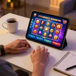 Player enjoying bonus new member slot games on tablet, showcasing exciting gaming interface and cozy environment