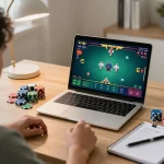 Player strategizing poker hands on a laptop for aa88 online gaming
