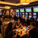 Engaged patrons placing bets at JUN88 sports betting lounge with multiple screens displaying events.