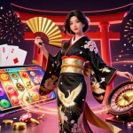 Experience the excitement at km3 with vibrant casino elements featuring an elegant Asian woman and immersive game graphics.