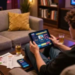 Engaging in online gaming at home with the leading nhà cái uy tín Tg88 on a tablet, surrounded by strategy notes and a cozy atmosphere.