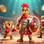 Engage with kto's vibrant casino scene showcasing a playful rooster and tiger, enhanced by glowing crypto elements.