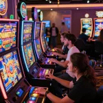 KDSlot players engaging excitedly with colorful digital slot machines in a vibrant online gaming atmosphere
