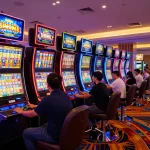 Players engaging with colorful slot machines at an upscale casino, enhancing their kdslot experience.