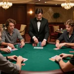 Win678 poker players in a lavish setting enjoying a strategic gaming experience at a green felt table.