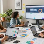 A diverse marketing team brainstorming strategies for AA88.com in a vibrant office space.
