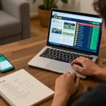Socolive user engaged in strategic sports betting at home, reviewing match odds with laptop and smartphone.