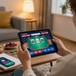 Engaged player exploring non Gamstop casinos on a tablet in a cozy living room setting