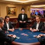Pemain Kiu77 di ruang poker mewah terlibat dalam permainan taruhan tinggi, menunjukkan intensitas dan kegembiraan.