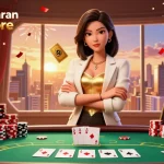 Track the latest pengeluaran singapore with a glamorous poker scene featuring a confident Asian woman.