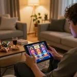 Engaged player enjoying Tr88 slot games on a tablet in a cozy home setting