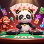 Experience the fun of slot gacor with a DJ panda and vibrant casino backdrop.