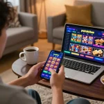 Engaging gameplay on patokbet slot using a smartphone in a cozy home setting.
