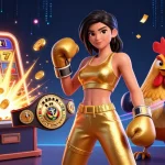 Bengkel69 offers a vibrant scene with a strong woman and cartoon rooster in an exciting slot environment.