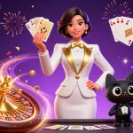 Blaze the excitement with a glamorous casino scene featuring a woman in a tuxedo and her playful cat.