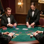 MM88 players strategizing in an upscale blackjack game with professional dealer at the table.