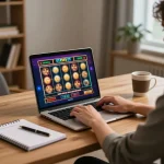 Engaging in online casino USA gameplay with vibrant slot machine interface on laptop at home.