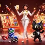Engage with เว็บสล็อต as a glamorous dealer shuffles cards beside a charming cat and dynamic jackpots.