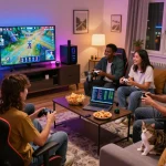 Friends enjoying an engaging gaming session with 32win, showcasing excitement and strategy.