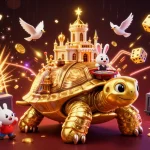 Engage with the vibrant FB88 casino experience featuring a tortoise with a casino palace and a dealer.
