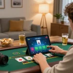 Player engaging in online blackjack at home through the 123bmvp app, showcasing a cozy environment.