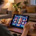 Engaging with slot online gameplay on a tablet in a cozy living room environment.