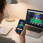 Engaging with luck88 games on a smartphone while strategizing in a cozy home workspace