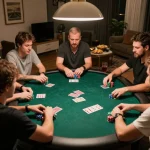 Engaged friends playing poker at home, showcasing nhà cái uy tín Qh88 atmosphere and vibrant gameplay.