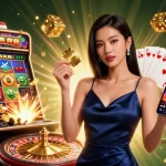 Rasakan kegembiraan situs toto dengan seorang wanita Asia bergaya yang terlibat dalam permainan kasino yang dinamis.