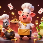 Experience the thrill of E2bet App with a playful chef pig serving golden coins in an exciting casino scene.