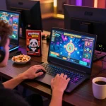 Pengalaman panda win ditangkap, menampilkan pemain terlibat dalam permainan slot 3D HD di laptop