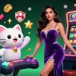 Spin to win on SV368 with a glamorous lady celebrating a jackpot alongside a waving fortune cat.