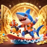 Experience the thrill of NEW88 as cartoon characters surf on gold coins amidst rich casino elements.