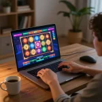 An engaged player accessing ทางเข้า m102 for an online casino slot game on their laptop