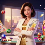 Experience the thrill of gg88 with vibrant lottery balls, a glamorous dealer, and dynamic gaming elements.