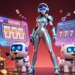 Experience thrilling moments at S8 with a stunning 3D scene of a futuristic woman and robot in a vibrant casino.